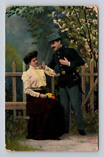 Beautiful WWI Era Gel Postcard Soldier & Woman Flowers Tinted Gelatin picture