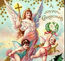 1909 Joyful Christmas Postcard Heaven Angels Cherubs Gold Accents Holly Berries picture