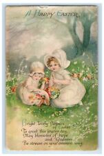 c1910's Happy Easter Poem Little Girl Picking Flowers Wolf Antique Postcard picture