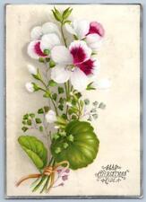 1880-90's ERA VICTORIAN GLAD CHRISTMAS TIDE PINK WHITE FLOWERS ANTIQUE XMAS CARD picture