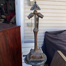 Antique HANDEL PEACOCK FEATHER OVERLAY LAMP Bronze Lamp Base . Missing Shade. picture