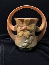 Vintage/Antique Roseville Pottery Clematis Vase, Brown Basket with Handle #387-7 picture