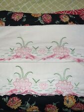 Pair of vintage pink and white water lily embroidered pillowcases picture