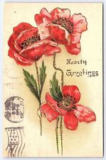 1908 Hearty Greetings Red Poppy Flowers Greetings & Wishes Posted Postcard picture