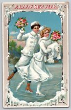 Happy New Year Couples White Fox Muff Ice Skating Embossed Vtg Postcard c1910s picture