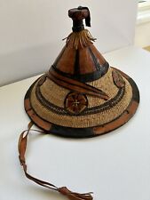Vintage African Fulani Tribal Conical Fiber Hat with Leather Accents picture