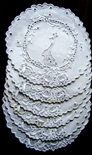Antique Exceptional Madeira Doilies Coasters  Peacock 6  set Hand Embroidery picture