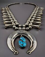 Vintage Navajo Sterling Silver Turquoise Squash Blossom Necklace 202 Grams NICE picture