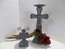 2 Cross Candlesticks Decor Distressed Faux Light Gray with Distressed Red Roses picture