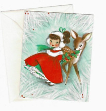 Cute Little Miss Christmas & Deer Vintage Christmas Card. Unused picture