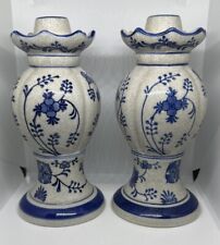 Pair of Crackle Ceramic Blue Enamel Floral Design Pillar Candle Stick Holders picture