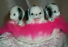 Vintage Norcrest Dalmatian Puppy Dogs Pink Feather Ceramic Basket Figurine 2379 picture