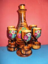 Magnificent Russian hand painted ethnic wooden drink set, a bottle and 6 glasses picture
