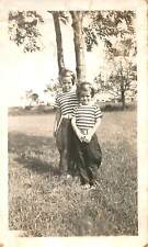 Vintage 1920s Adorable Matching Outfits Young Sisters Outside Stripes B&W Photo picture