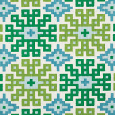 Schumacher Chic Geometric Cotton Print Fabric- Palmetto Print Lagoon 7 yd 177450 picture