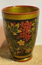 Vintage 1970s Russian Khokhloma Handpainted Lacquer Wood Floral Vase Folk Art picture