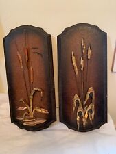 Wall Decor Cattail Reeds Copper Brass 3DVintage MCM Wood Metal Brutalist picture