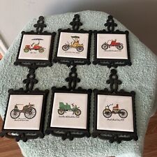 Set Of 6 Ceramic  and Cast Iron Trivets Featuring Old Fashioned Cars Japan picture
