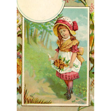 1880-90's Sweet Little Girl Flowers In Apron by Bufford Victorian Trade Card FAB picture