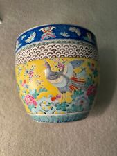 Vintage 1920s Chinese Kangxi Style Rose Verte Porcelain Urn Jar Birds & Flowers picture