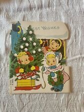 Vtg Christmas Greeting Card Diecut Standup 3D Boys Girls Xmas Tree 1950s  UNUSED picture