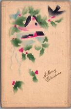 1916 MERRY CHRISTMAS Embossed Greetings Postcard Houses / Holly - Air-Brushed picture