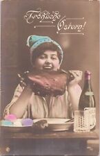 ZAYIX Happy Easter Frohliche Ostern Real Photo Tinted Lady Feasting Wine c1911 picture