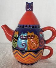 Laurel Burch Ganz ~ Tea for One Whimsical Cats Orange Stackable Tea Pot & Cup picture