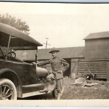 c1910s Uniformed Soldier on Farm Real Photo Touring Car US Marine Corps Barn A76 picture