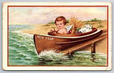 Vintage Postcard New Years Baby New Year in a Boat c1921 picture