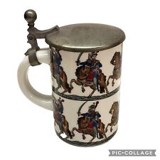 Vintage Porcelain Beer Stein Pewter Lidded Mug Soldiers Horsemen Trumpets Swords picture