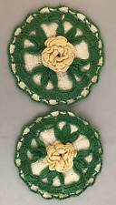Vintage Pair Of Hand Crocheted Green/White/Beige Round Floral Doilies-Wall Décor picture