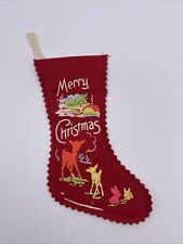 Vintage Felt Stenciled Christmas Stocking 1940s-50s Merry Christmas With Deers picture