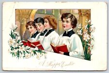 Postcard Happy Easter Girls Church Choir Singing Lilies 1907  Posted picture