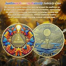 Delicate Sunflower 2 Month Sobriety Coin Recovery Butterfly AA Coin Gifts picture