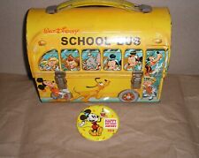 Vintage Walt Disney SCHOOL BUS DOME TOP TIN LUNCH BOX & Mickey 90th BD Pin picture