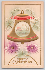 Postcard Merry Christmas Embossed Bell with Airbrushed Flowers A98 picture