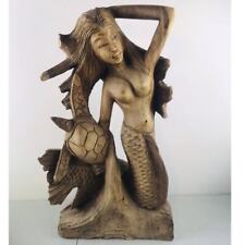 Wood Carved Mermaid Nude Figure Sea Turtle Hand Carved On Drift Wood Burl Heavy picture