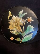 Vintage Asian Shell Art Floral On Black Lacquer Placque picture