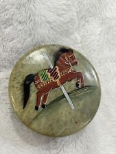 Vintage Round Soapstone Trinket Box With Handpainted Carrousel Horse On Lid. picture