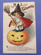 Vintage Ellen Clapsaddle Adorable Little Witch, Broom & JOL Halloween Postcard picture