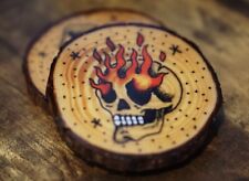 Fire Skull- Set of 4 | Traditional Tattoo Wooden Coasters by PrimitivArt picture