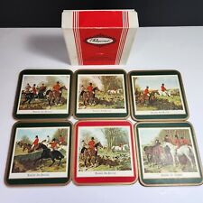 Pimpernel Coasters English Fox Hunting Set of 6 W/ Box Acrylic Cork Red & Green picture