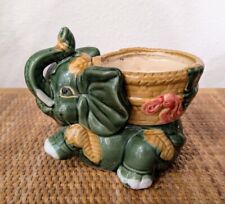 Vintage Lucky Elephant Bamboo Pot Succulent Planter Trunk Up Green Ceramic picture