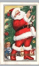1938 Christmas Tree Santa Claus Gifts Toys & Doll Decorated Postcard picture