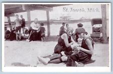 1910's ST JOSEPH MICHIGAN WOMEN KNITTING BEACH ANTIQUE BATHING SUITS POSTCARD picture