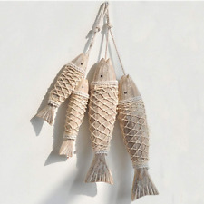 4 Pack Antique Hand Carved Wood Fish Sculpture Decor Ornament with Fishing Net,  picture