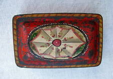 SMALL ANTIQUE 1800s HAND PAINTED FOLKART RED TIN TOLEWARE POCKET SNUFF BOX picture