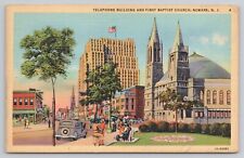 postcard Telephone Building First Baptist Church Newark NJ Linen American Flag picture