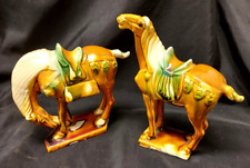 VTG. PAIR OF Tang Style Chinese Majolica  4” Ceramic Horse Figurines (2) picture